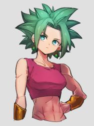 Rule 34 | 1girl, abs, blue eyes, breasts, closed mouth, dragon ball, dragon ball super, earrings, green hair, grey background, hand on own hip, jewelry, kefla (dragon ball), kemachiku, looking to the side, medium breasts, navel, potara earrings, short hair, simple background, solo, upper body