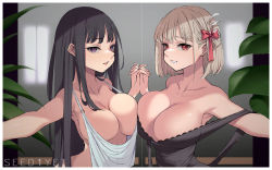 Rule 34 | 2girls, artist name, asymmetrical docking, banned artist, bare shoulders, black dress, black hair, blonde hair, breast press, breasts, collarbone, dress, hair ribbon, holding hands, inoue takina, interlocked fingers, large breasts, long hair, lycoris recoil, multiple girls, nishikigi chisato, outstretched arm, parted lips, purple eyes, red eyes, red ribbon, ribbon, short hair, sleeveless, sleeveless dress, upper body, viola (seed), white dress, yuri