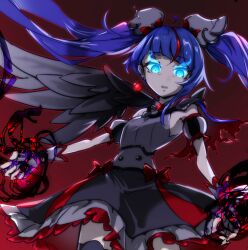 Rule 34 | 1girl, armor, aura, black thighhighs, black wings, blue cape, blue eyes, blue hair, bow, brooch, cape, commentary, corruption, cowboy shot, cure sky, cure sky (dark), cut bangs, dark aura, dark persona, detached sleeves, dress, dress bow, earrings, feathered wings, fingerless gloves, frilled dress, frills, gloves, glowing, glowing eyes, grey dress, grey gloves, hirogaru sky! precure, jewelry, long hair, looking at viewer, magical girl, multicolored hair, noriccho!, open mouth, pauldrons, precure, puffy detached sleeves, puffy sleeves, red background, red bow, red hair, short dress, shoulder armor, single pauldron, single sidelock, single wing, sleeveless, sleeveless dress, solo, sora harewataru, spiked pauldrons, standing, streaked hair, thighhighs, torn cape, torn clothes, twintails, two-tone hair, very long hair, wind, wing brooch, wing hair ornament, wings