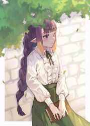 Rule 34 | 1girl, absurdres, alternate costume, blue eyes, blunt bangs, blush, book, bow, braid, braided ponytail, brick wall, center frills, commentary, flat chest, frilled shirt, frills, gradient hair, green bow, green skirt, highres, holding, holding book, hololive, hololive english, kiwwwwwi, long hair, long skirt, long sleeves, looking afar, mole, mole under eye, multicolored hair, ninomae ina&#039;nis, orange hair, pointy ears, puffy sleeves, purple hair, shirt, sidelocks, single braid, skirt, solo, straight hair, tentacle hair, tentacles, tree, tsurime, very long hair, virtual youtuber, white shirt
