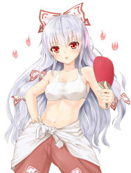 Rule 34 | 1girl, bare arms, bare shoulders, bow, bra, breasts, chiroshiron, cleavage, clothes around waist, collarbone, contrapposto, fujiwara no mokou, hair bow, hair ribbon, hand fan, hand on own hip, long hair, looking at viewer, midriff, navel, pants, paper fan, red eyes, ribbon, shirt, shirt around waist, silver hair, solo, sports bra, standing, touhou, tress ribbon, uchiwa, underwear, very long hair, white bra