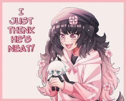 Rule 34 | 1girl, :d, animal ears, black hair, black headwear, blush, border, character doll, cheer (cheer), cheer (cheerpuppy14), commentary, danganronpa (series), danganronpa v3: killing harmony, dog ears, dog tail, english commentary, english text, fangs, flower, grey background, grey hair, hair flower, hair ornament, happy, holding, hood, hood down, hoodie, k1-b0, long hair, long sleeves, looking at viewer, multicolored hair, open mouth, original, pink border, pink eyes, pink headwear, pink hoodie, smile, solo, tail, the simpsons, upper body, white hoodie