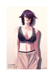 1girl alternate_costume black_bra border bra breasts brown_pants character_name hair_between_eyes hair_flaps hair_over_one_eye hand_in_pocket highres kantai_collection large_breasts looking_at_viewer midriff orange_eyes pants parted_lips purple_hair short_hair simple_background solo tenryuu_(kancolle) translation_request underwear white_border yue_(tada_no_saboten)