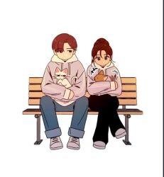 Rule 34 | 1boy, 1girl, ahoge, bench, black hair, black pants, blue eyes, blue pants, brown hair, cat, choi jinyeong, closed mouth, crossed legs, jin gaeul, long hair, looking at another, looking down, pants, pink sweater, seasons of blossom, serious, shoes, simple background, sitting, sweater, very long hair, white background
