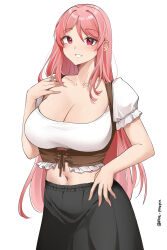 Rule 34 | 1girl, absurdres, black skirt, breasts, character request, cleavage, collarbone, commentary, commission, copyright request, corset, cowboy shot, crop top, grin, hand up, highres, large breasts, long hair, looking at viewer, midriff, navel, pinepin, pink hair, puffy short sleeves, puffy sleeves, red eyes, shirt, short sleeves, simple background, skirt, smile, solo, standing, very long hair, white background, white shirt