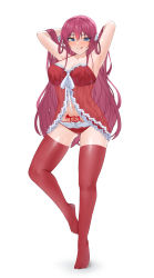 Rule 34 | absurdres, armpits, babydoll, blue eyes, blush, breasts, commission, grisaia (series), hair lift, highres, huge breasts, legs, lingerie, lip licking, long hair, nvl, pubic tattoo, red hair, suou amane, tattoo, thighhighs, underwear