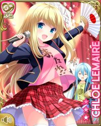 Rule 34 | 2girls, banner, blonde hair, blue eyes, blue hair, blue jacket, bow, card, character name, chloe lemaire, confetti, day, closed eyes, girlfriend (kari), hand fan, indoors, jacket, long hair, microphone, multiple girls, official art, open mouth, paper fan, pink shirt, plaid, plaid skirt, qp:flapper, red bow, red neckwear, red skirt, school uniform, shirt, skirt, smile, sunset, tagme