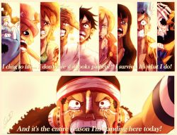 Rule 34 | 2girls, 6+boys, animal nose, bandages, black hair, blonde hair, blood, blue hair, blush, brook (one piece), clenched teeth, crying, crying with eyes open, earmuffs, english text, face, facial hair, facial scar, fangs, fish boy, franky (one piece), furry, furry male, goatee, goggles, goggles on head, green hair, hat, highres, jinbe (one piece), long hair, long nose, maria (yoru chii), monkey d. luffy, multiple boys, multiple girls, nami (one piece), nico robin, one piece, roronoa zoro, sanji (one piece), scar, scar on cheek, scar on face, short hair, skeleton, skull, spoilers, straw hat, tattoo, tearing up, tears, teeth, tony tony chopper, undead, usopp, v-shaped eyebrows