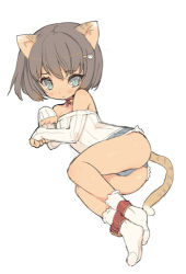 Rule 34 | 1girl, animal ears, ass, bad id, bad pixiv id, bare shoulders, blade (galaxist), blue eyes, blush, brown eyes, hair ornament, hairclip, long sleeves, looking at viewer, lowres, off-shoulder, off-shoulder sweater, off shoulder, original, ribbed sweater, short hair, shorts, simple background, socks, solo, sweater, tail, tiger ears, tiger tail, white background, white socks