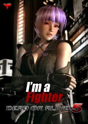 Rule 34 | 1girl, 3d, absurdres, arm guards, ayane (doa), breasts, city, cleavage, dead or alive, dead or alive 5, elbow gloves, female focus, gloves, headband, highres, kunai, large breasts, ninja, official art, outdoors, purple hair, red eyes, short hair, solo, sweat, tecmo, vest, weapon