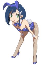 Rule 34 | 10s, 1girl, animal ears, bent over, blue bow, blue bowtie, blue hair, blue leotard, bow, bowtie, breasts, darling in the franxx, detached collar, fake animal ears, fishnet pantyhose, fishnets, full body, green eyes, hair ornament, hairclip, highres, ichigo (darling in the franxx), karasuke d, leaning forward, leotard, looking at viewer, open mouth, pantyhose, playboy bunny, rabbit ears, rabbit girl, rabbit tail, short hair, simple background, small breasts, solo, standing, straight hair, strapless, strapless leotard, tail, white background, wrist cuffs
