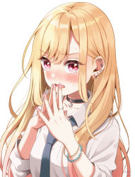 Rule 34 | 1girl, barbell piercing, bead bracelet, beads, black collar, blonde hair, blush, bracelet, collar, collarbone, commentary request, ear piercing, gradient hair, highres, industrial piercing, jewelry, kitagawa marin, long hair, long sleeves, looking at viewer, mozukun43, multicolored hair, necktie, open mouth, piercing, pink hair, red eyes, ring, shirt, signature, simple background, sleeves rolled up, solo, sono bisque doll wa koi wo suru, steepled fingers, white background, white shirt