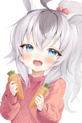 Rule 34 | 1girl, absurdres, ahoge, animal ears, bad id, bad twitter id, blue eyes, blush, carrot, child, commentary request, food, hair ornament, highres, holding, holding carrot, holding food, horse ears, ishida umi, long hair, looking at viewer, multicolored hair, oguri cap (umamusume), open mouth, pink sweater, pom pom (clothes), pom pom hair ornament, ponytail, simple background, smile, solo, sweater, tongue, two-tone hair, umamusume, upper body, white background