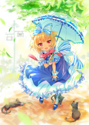 Rule 34 | 1girl, :d, animal ears, bell, blonde hair, blue footwear, blush, bow, bowtie, cat, cat ears, dress, eyebrows, frilled dress, frills, full body, hair bow, holding, holding umbrella, leaf, leaning forward, looking at viewer, open mouth, original, outdoors, parasol, pavement, pole, puffy short sleeves, puffy sleeves, red bow, red bowtie, red eyes, sakuro, shoes, short hair, short sleeves, smile, solo, standing, striped, striped bow, umbrella, white dress, white legwear, wrist cuffs