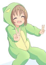 Rule 34 | 1girl, :d, ^ ^, brown hair, closed eyes, commentary, dinosaur costume, dot nose, double v, fang, highres, hood, hood up, long sleeves, oka asahi, onesie, onii-chan wa oshimai!, open mouth, simple background, smile, solo, v, white background, yatutori