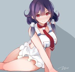 Rule 34 | 10s, 1girl, apron, arm support, bare arms, bare legs, bare shoulders, breasts, commentary request, eyebrows, hair flaps, highres, kantai collection, large breasts, light smile, long hair, looking at viewer, low twintails, naked apron, neckerchief, purple hair, red eyes, solo, taigei (kancolle), tebi (tbd11), twintails