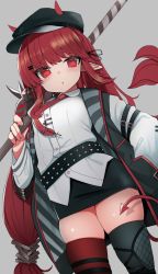 Rule 34 | 1girl, :o, arknights, asymmetrical legwear, black thighhighs, blush, commentary request, demon tail, dutch angle, grey background, hair ribbon, hat, highres, horns, horns through headwear, izuoku, long hair, looking at viewer, low-tied long hair, mismatched legwear, necktie, over shoulder, pointy ears, polearm, red eyes, red hair, red thighhighs, ribbon, simple background, skindentation, solo, tail, thighhighs, very long hair, vigna (arknights), weapon, weapon over shoulder, zettai ryouiki