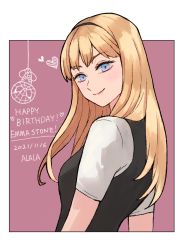 Rule 34 | 1girl, animification, artist name, black hairband, black vest, blush, breasts, commentary, dated, emma stone, english commentary, gwen stacy, hairband, happy birthday, head tilt, heart, highres, long hair, marvel, medium breasts, real life, shirt, solo, spider-man, spider-man (series), sushi pizza rrr, the amazing spider-man, vest, white shirt