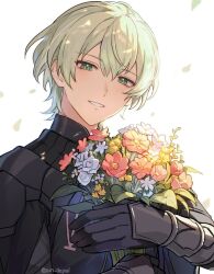 Rule 34 | 1boy, armor, black armor, black gloves, bouquet, byleth (fire emblem), byleth (male) (fire emblem), commentary request, enlightened byleth (male), fire emblem, fire emblem: three houses, flower, gauntlets, gloves, green eyes, green hair, grin, hair between eyes, head tilt, highres, holding, holding bouquet, leaf, looking at viewer, male focus, nintendo, red flower, red rose, rose, short hair, simple background, smile, solo, twitter username, un tapoi, white background, white flower, white rose