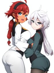Rule 34 | 2girls, :d, absurdres, ahoge, arched back, black pantyhose, black wristband, blue eyes, breasts, closed mouth, cowboy shot, dark-skinned female, dark skin, flipped hair, from side, green shirt, green shorts, grey eyes, gundam, gundam suisei no majo, hair between eyes, hand on another&#039;s waist, highres, large breasts, leaning forward, light blush, long hair, long sleeves, looking at viewer, looking to the side, medium breasts, miorine rembran, multiple girls, noshimurin, open mouth, pants, pantyhose, ponytail, red hair, shirt, short eyebrows, shorts, simple background, smile, standing, suletta mercury, swept bangs, teeth, thick eyebrows, tongue, turning head, uniform, upper teeth only, white background, white hair, white pants, white shirt, wide sleeves