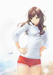 Rule 34 | 1girl, bare shoulders, beach, blush, breasts, brown eyes, brown hair, carina (xiaowoo), hands on own hips, highres, long hair, md5 mismatch, original, parted lips, short shorts, shorts, solo, sweater