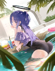 Rule 34 | 1girl, alternate costume, ass, bare shoulders, black one-piece swimsuit, blue archive, closed mouth, commentary request, cup, drinking glass, drinking straw, food, fruit, halo, head rest, highres, innertube, isaya (pixiv4541633), leaning forward, lemon, lemon slice, long hair, looking at viewer, looking back, off shoulder, one-piece swimsuit, outdoors, palm leaf, parted bangs, partially submerged, petals, purple eyes, purple hair, sidelocks, solo, swim ring, swimsuit, water, yuuka (blue archive)