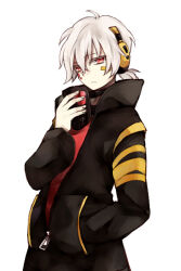 Rule 34 | 1boy, ahoge, bandaid, bandaid on face, black jacket, bookcage, closed mouth, colored eyelashes, commentary, cosplay, enomoto takane, enomoto takane (cosplay), facial hair, facial mark, fingernails, gas mask, hair between eyes, hand in pocket, headphones, jacket, kagerou project, konoha (kagerou project), long bangs, long sleeves, male focus, mask, mekakucity actors, multicolored clothes, multicolored jacket, open clothes, open jacket, pink eyes, pocket, popped collar, red shirt, shirt, short ponytail, simple background, solo, striped clothes, striped jacket, two-tone jacket, upper body, white background, white hair, yellow jacket, zipper