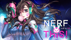 1girl ;) artist_name blowing_bubbles bodysuit brown_eyes brown_hair chewing_gum d.va_(overwatch) english_text facial_mark female_focus gun handgun headset highres insignia jia_redian_ruzi_ruzi long_hair one_eye_closed overwatch overwatch_1 pistol smile solo weapon whisker_markings