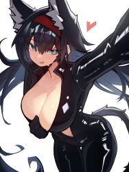 1girl :q absurdres animal_ear_fluff animal_ears arknights black_bodysuit black_hair blaze_(arknights) blue_eyes bodysuit breasts bright_pupils cat_ears cat_tail cleavage commentary cowboy_shot distr hairband heart highres large_breasts long_hair looking_at_viewer red_hairband simple_background solo standing tail thighs tongue tongue_out very_long_hair white_background white_pupils