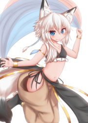 Rule 34 | 1girl, animal ear fluff, animal ears, bangle, bare shoulders, black footwear, blush, boots, bracelet, brown pants, closed mouth, collarbone, commentary request, fang, fang out, fox ears, fox girl, fox tail, frills, hands up, highres, hip vent, horokusa (korai), jewelry, long hair, navel, original, pants, puffy pants, sidelocks, simple background, smile, solo, standing, standing on one leg, tail, white background, white hair