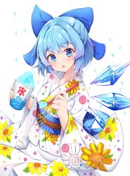 Rule 34 | 1girl, blue hair, blush, bow, cirno, cirno (yukata), floral print, food, ice, japanese clothes, kimono, obi, rururiaru, sash, shaved ice, short hair, simple background, solo, touhou, touhou cannonball, white background, wide sleeves, wings