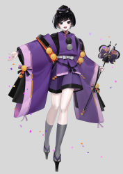 Rule 34 | 1boy, black eyes, black footwear, black mask, blush, confetti, creatures (company), full body, game freak, gen 6 pokemon, geta, grey background, grey socks, happy, hat, highres, holding, holding wand, japanese clothes, jewelry, kimono, kneehighs, layered sleeves, legs, light blush, long sleeves, looking at viewer, male focus, mask, mask on head, merlusa, nintendo, open mouth, outstretched arm, personification, pokemon, pom pom (clothes), purple hat, purple kimono, ring, sandals, sash, short hair, short kimono, simple background, smile, socks, solo, standing, swept bangs, tabi, tassel, tokin hat, trap, vivillon, vivillon (elegant), wand, wide sleeves