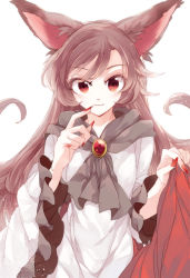 Rule 34 | 1girl, animal ears, blood, blood splatter, brooch, brown eyes, brown hair, chachi (azuzu), fingernails, highres, imaizumi kagerou, jewelry, long fingernails, long sleeves, looking at viewer, nail polish, red nails, shirt, simple background, skirt, solo, tail, touhou, white background, wide sleeves, wolf ears