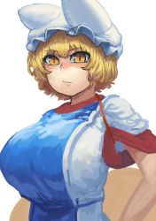 Rule 34 | 1girl, absurdres, animal ears, animal hat, blonde hair, blush, breasts, chanta (ayatakaoisii), closed mouth, commentary request, fox ears, fox tail, hat, highres, huge breasts, mob cap, shirt, short hair, short sleeves, simple background, slit pupils, solo, tabard, tail, touhou, upper body, white background, white hat, white shirt, yakumo ran, yellow eyes