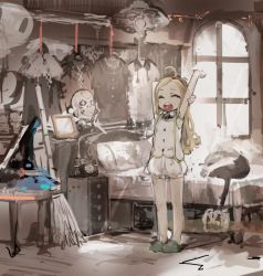 Rule 34 | 1girl, ahoge, arm up, bed, blonde hair, bloomers, broom, clothes, closed eyes, hairband, indoors, long hair, open mouth, original, phone, picture frame, pillow, skull, slippers, solo, standing, stretching, tears, teeth, underwear, uturo, window, yawning