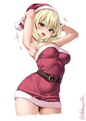 Rule 34 | 1girl, armpits, belt, black belt, blonde hair, blue eyes, blush, breasts, colorado (kancolle), cowboy shot, cropped legs, dress, ebifurya, fur-trimmed dress, fur-trimmed gloves, fur trim, gloves, hat, highres, kantai collection, large breasts, one-hour drawing challenge, open mouth, pom pom (clothes), red dress, red gloves, red hat, santa costume, santa gloves, santa hat, short hair, simple background, smile, solo, twitter username, white background