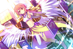 Rule 34 | 10s, 1girl, bad id, bad pixiv id, book, breasts, spiked halo, dutch angle, elbow gloves, gloves, halo, holding, jibril (no game no life), kinoshita neko, long hair, looking at viewer, navel, no game no life, red eyes, red hair, shoes, sideboob, single shoe, smile, solo, white wings, wings