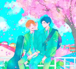 Rule 34 | 2boys, bibibimix39, black hair, blonde hair, blush, cherry blossoms, expressionless, falling petals, formal, given, green necktie, guitar case, hands on another&#039;s head, instrument case, kashima hiiragi (given), male focus, multiple boys, necktie, open mouth, petals, school uniform, suit, yagi shizusumi (given), yaoi