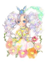 Rule 34 | 00s, 1girl, :3, bad id, bad pixiv id, blue eyes, blush, creature, dated, dress, emo (mikan), flower, long hair, meredy (tales), purple hair, quickie (tales), tales of (series), tales of eternia, twintails, typo