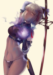Rule 34 | 1girl, ahoge, arm behind head, arm belt, aura, bandages, belt bra, black bra, black gloves, black panties, bra, breasts, cleavage, cleavage cutout, clothing cutout, cowboy shot, dark-skinned female, dark skin, dutch angle, fate/grand order, fate (series), fingerless gloves, gloves, hair ornament, highres, holding, holding sword, holding weapon, katana, light frown, looking at viewer, medium breasts, navel, okita souji (fate), okita souji alter (fate), okita souji alter (first ascension) (fate), orange eyes, over shoulder, panties, parted lips, short hair, silver hair, simple background, single glove, solo, standing, string panties, suwako (pixiv9554498), sword, tassel, underwear, underwear only, v-shaped eyebrows, weapon, weapon over shoulder, yellow background