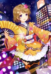 Rule 34 | 10s, 1girl, :d, angelic angel, apring, bad id, bad pixiv id, brown hair, hand fan, flower, folding fan, hair flower, hair ornament, japanese clothes, koizumi hanayo, looking at viewer, love live!, love live! school idol project, open mouth, purple eyes, short hair, smile, solo, thighhighs