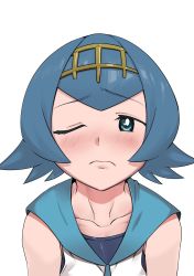 Rule 34 | 1girl, blue hair, blue sailor collar, blush, bright pupils, closed mouth, collarbone, commentary request, creatures (company), frown, game freak, green eyes, hairband, highres, lana (pokemon), makino harumaki, nintendo, no sclera, one-piece swimsuit, one eye closed, pokemon, pokemon sm, raised eyebrows, sailor collar, shirt, short hair, simple background, sleeveless, sleeveless shirt, solo, swimsuit, swimsuit under clothes, white background, white pupils, white shirt, yellow hairband