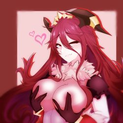 Rule 34 | 1girl, absurdres, areola slip, breast hold, breasts, cygames, dragalia lost, dragon girl, dragon horns, fang, highres, horns, large breasts, long hair, looking at viewer, mym (dragalia lost), nintendo, one eye closed, red eyes, red hair, smile, solo, upper body
