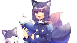 Rule 34 | 1girl, animal ears, book, bug, commission, crescent, crescent hair ornament, crescent moon, dragonfly, fox, fox ears, fox girl, fox tail, hair ornament, insect, kathykatz, kou hiyoyo, looking at viewer, moon, multiple tails, purple eyes, purple hair, skeb commission, sky, solo, tail, virsing, virtual youtuber, white background