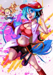 Rule 34 | appmon, blue eyes, blue hair, digimon, hat, hatsune miku, highres, looking at viewer, musimon, one eye closed, vocaloid, wink