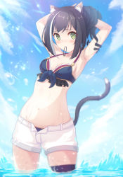 Rule 34 | 1girl, alternate hairstyle, animal ear fluff, animal ears, arms up, bikini, black hair, blue bikini, blue sky, breasts, cat ears, cat girl, cat tail, cloud, frills, hairband, highres, hoshimiya hizume, karyl (princess connect!), karyl (summer) (princess connect!), legband, lens flare, looking at viewer, midriff, multicolored hair, navel, ocean, open fly, ponytail, princess connect!, short shorts, shorts, sidelocks, sky, small breasts, solo, streaked hair, swimsuit, tail, tying hair, wading
