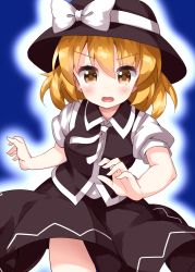 Rule 34 | 1girl, black hat, black skirt, black vest, blonde hair, blue background, bow, hat, hat bow, highres, looking at viewer, open mouth, puffy short sleeves, puffy sleeves, ruu (tksymkw), short hair, short sleeves, simple background, skirt, solo, tears, touhou, touhou (pc-98), v-shaped eyebrows, vest, white bow, yellow eyes, yuki (touhou)