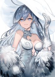 Rule 34 | 1girl, absurdres, asymmetrical clothes, bare shoulders, blue eyes, breasts, breasts apart, covered collarbone, covered navel, dress, elbow gloves, fur trim, gawako, gloves, grey dress, grey eyes, grey hair, grin, hair between eyes, hat, high collar, highres, long hair, looking at viewer, medium breasts, original, plunging neckline, sidelocks, silver dress, simple background, smile, solo, upper body, very long hair, witch, witch hat