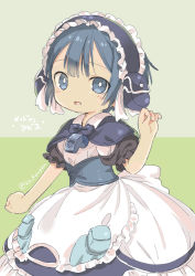 Rule 34 | 1boy, :d, bad id, bad pixiv id, blue eyes, blue hair, capelet, commentary request, copyright name, green background, hairband, highres, konayama kata, made in abyss, maid, maid headdress, male focus, maruruk, open mouth, signature, smile, solo, trap, twitter username, underbust, whistle