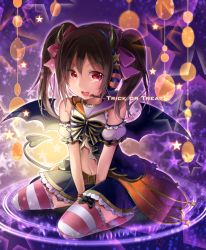 Rule 34 | 10s, 1girl, black hair, bow, costume, demon tail, halloween, headphones, headset, horns, looking at viewer, love live!, love live! school idol festival, love live! school idol project, microphone, navel, open mouth, red eyes, short hair, short twintails, skirt, solo, striped clothes, striped thighhighs, tail, thighhighs, trick or treat, twintails, wings, yazawa nico, yukinokoe